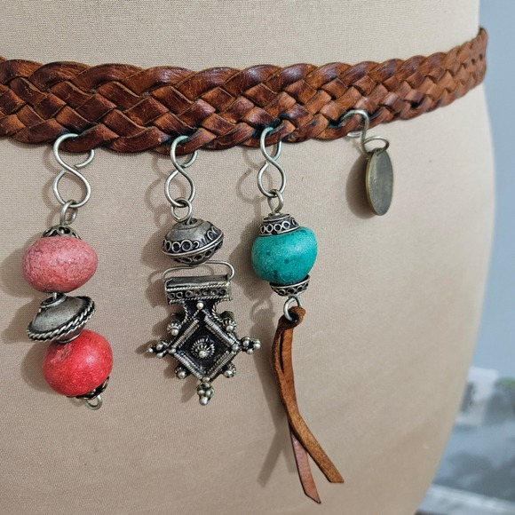 Boho Braided Leather Belt with‎ Charms Tassel Coin Turquoise Beads main image 4